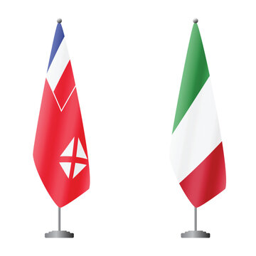 Wallis and Futuna and Italy flags on flagpoles for official ceremonies and meetings, transparent background vector