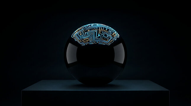 Glowing circuit pattern on a dark sphere for futuristic concepts