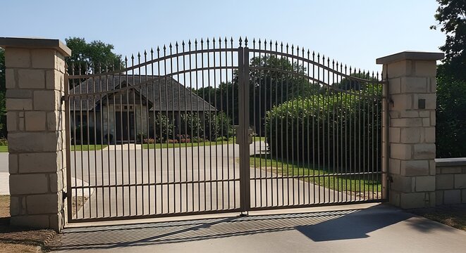 Closed metal security gate at the entrance of a luxury residential estate driveway.