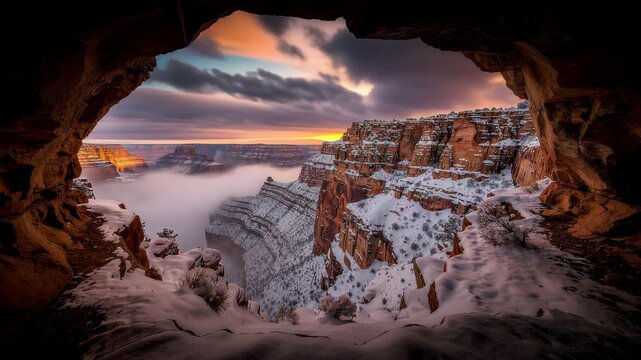 Snowy Grand Canyon sunrise framed by rocky cliffs showcasing stunning winter landscape beauty