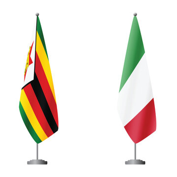 Zimbabwe and Italy flags on flagpoles for official ceremonies and meetings, transparent background vector