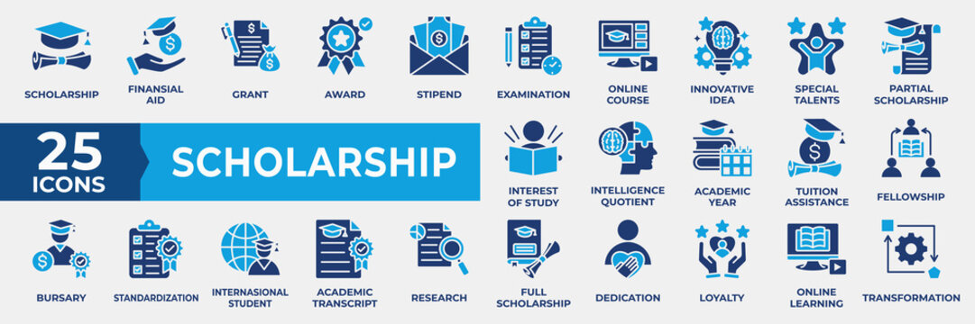 Scholarship Icon Set. Containing business, financial, award, online course, innovation, idea, intelligence, academic, fellowship, transformation and learning. Simple Flat Blue Vector Illustration.