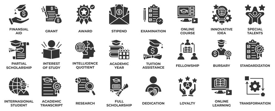 Scholarship icon set collection in solid glyph style, an icon pack contain business, financial, award, online course, innovation, idea, intelligence, academic and fellowship. Vector Illustration.