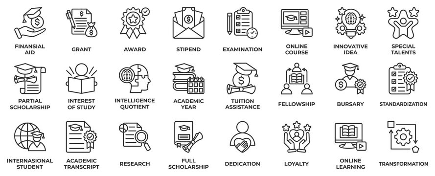 Scholarship icon set collection in lineal style, an icon pack contain business, financial, award, online course, innovation, idea, intelligence, academic and fellowship. Vector Illustration.