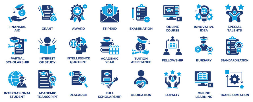 Scholarship icon set collection in dual tone style, an icon pack contain business, financial, award, online course, innovation, idea, intelligence, academic and fellowship. Vector Illustration.