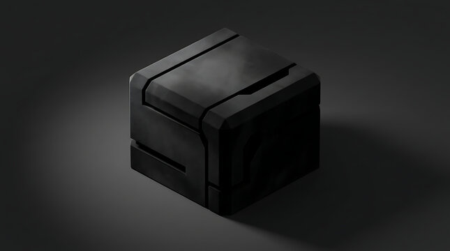 Minimalist black metal cube floating in dark abstract space