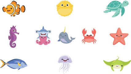 Cute Kawaii Sea Creatures and Under the Sea Animal Character Icon Set with Clownfish Shark Sea Turtle and Jellyfish for Kids Bathroom Decor and Sticker Designs © Rownok