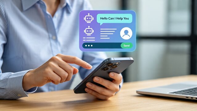 Woman using smartphone with AI chatbot interface, digital assistant concept for customer support and virtual communication technology in modern business lifestyle