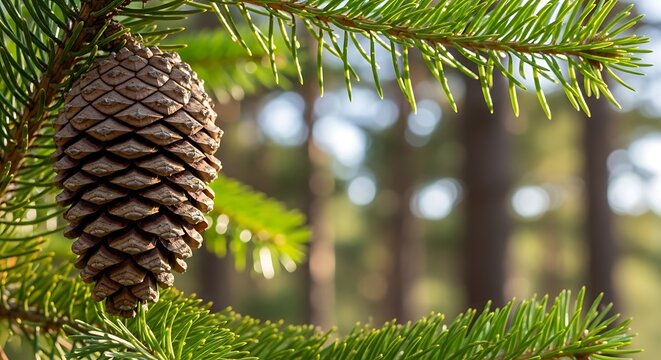 Close-up of a pine cone hanging from a green evergreen tree branch in a forest.