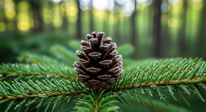 Close-up of a Pine Cone on a Green Branch in a Forest.