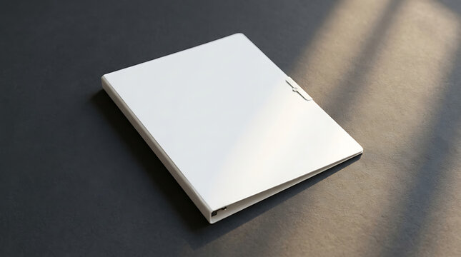 Blank white presentation folder mockup on dark textured surface with dramatic sunlight shadow for branding identity display