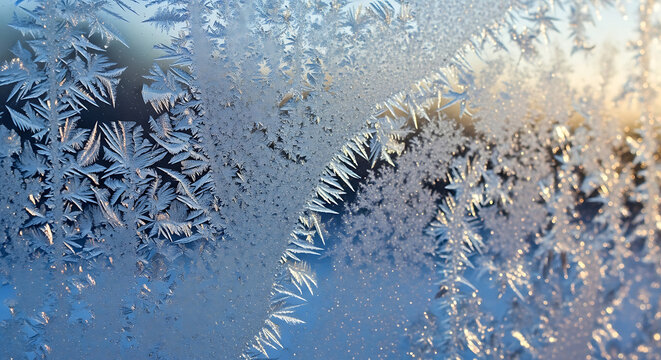 Frosted window with intricate ice patterns - Close-up of a frosty window covered in delicate, branching ice crystals forming natural winter patterns against light.