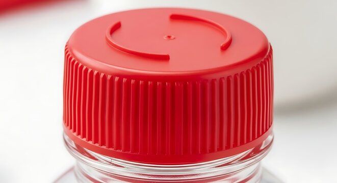 Close-up of a Red Plastic Bottle Cap on a Clear Bottle.