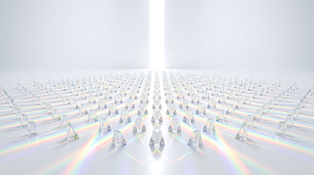 Crystal prisms refracting light into rainbows on white surface