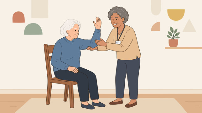 Nurse assisting elderly woman with arm exercise for rehabilitation
