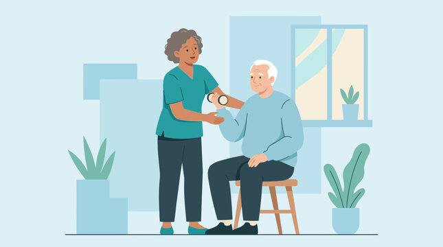 Nurse caring for elderly man, medical check-up, health care concept