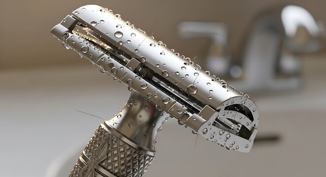 Close-up of a silver safety razor.