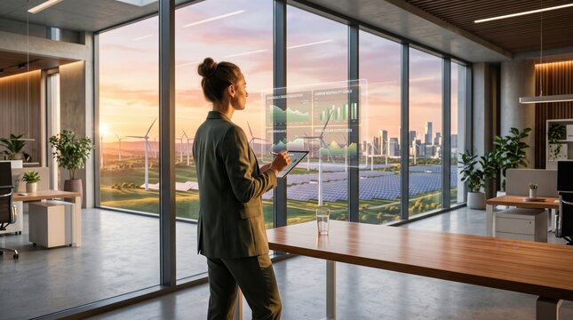 Executive woman using tablet with holographic data overlay standing in front of large window overlooking hybrid renewable energy park with solar panels and wind turbines at golden