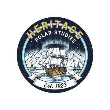 Polar studies nautical emblem with vintage sailing ship and ice mountains.