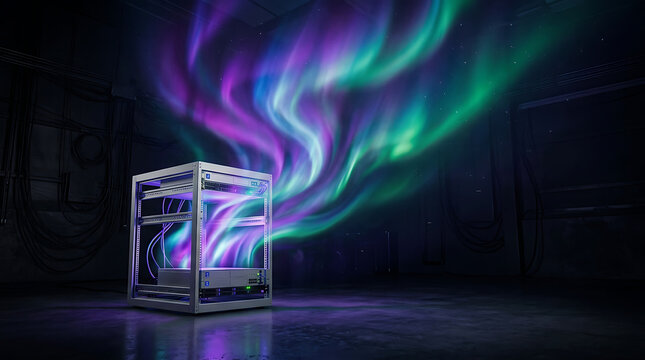 Server rack emitting glowing aurora light in a dark data center