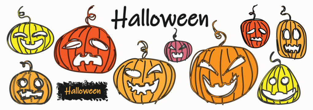 Halloween pumpkins vector collection. Hand drawn doodle illustration of spooky jack-o-lantern pumpkin faces with orange and yellow colors. vector illustration.