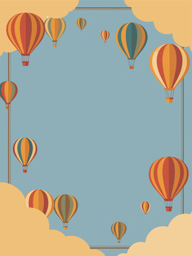 Vibrant hot air balloons float serenely amidst fluffy clouds in a scenic landscape view.