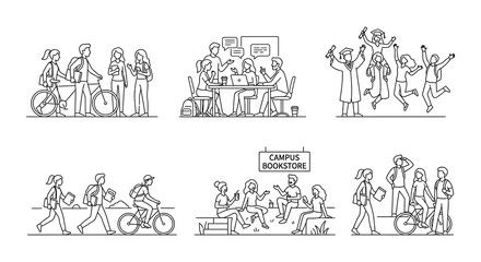 Obraz premium Campus life vector illustration with students bicycles and bookstore signage