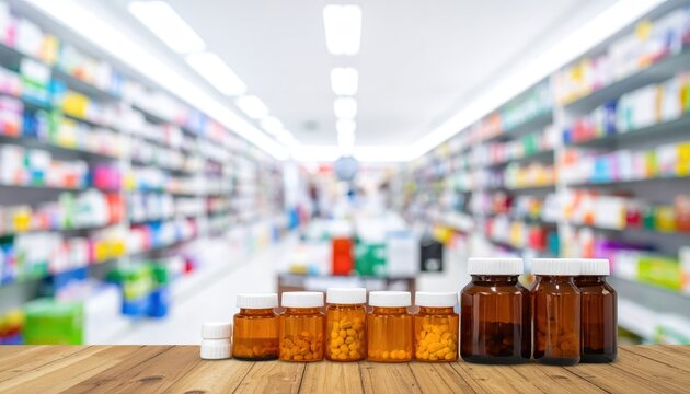 Rows of Medicine Bottles on a Wooden Table with a Blurred Hospital Pharmacy Background
