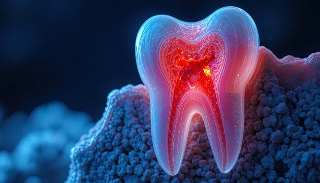 Cross section of a human molar showing internal anatomy and decay.