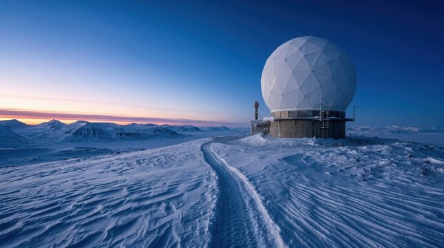 Modern weather radar station isolated on snowy hilltop under polar blue twilight