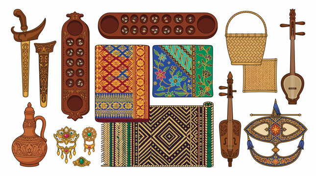 A vibrant collection of traditional Southeast Asian cultural artifacts and crafts, including textiles, musical instruments, games, and decorative items.