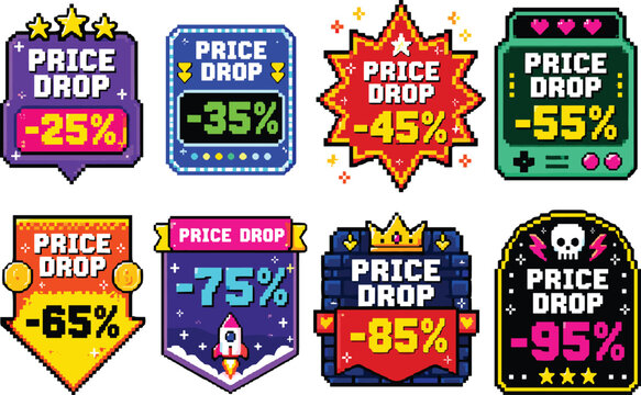 Collection of pixel art style price drop badges with different percentage discounts for gaming themes.