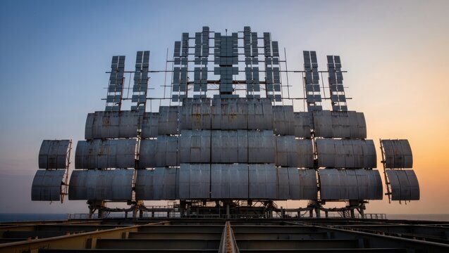 Modern Phased Array Radar Installation at Coastal Platform During Sunset