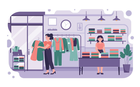 Two women interact in a modern clothing store with hanging garments