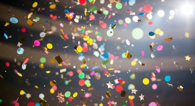 Colorful confetti falling against a dark background with bright light flare.