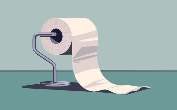 A roll of toilet paper unrolls on a bathroom countertop.