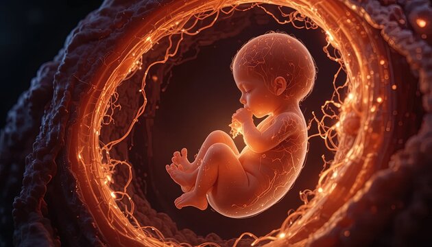 Human embryo develops within a glowing, organic environment.