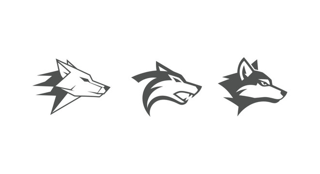 Three stylized wolf head logos in black and white.