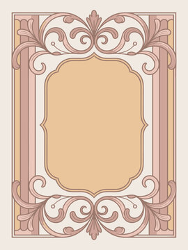 An ornate rectangular frame with pink and white swirling patterns surrounds a light brown center.
