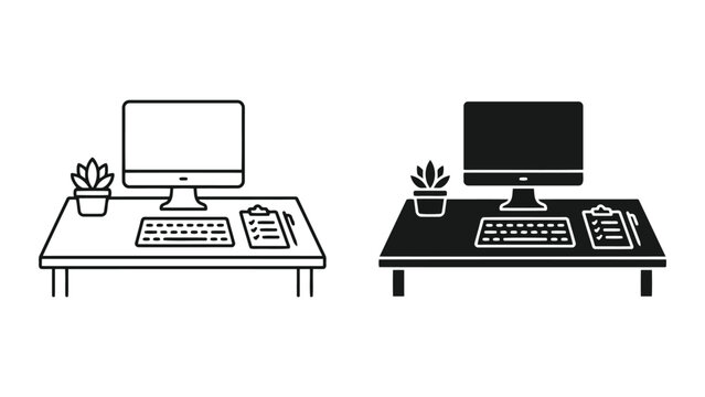 Modern office desk with computer monitor and clipboard icon computer clipboard