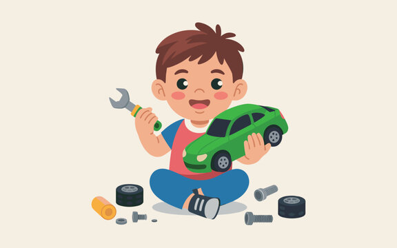A young boy excitedly holds a green toy car and wrench while sitting on the floor surrounded by tools and parts.