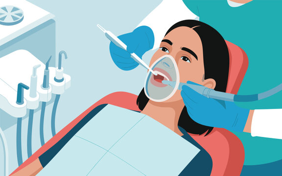 A dentist examines a patient's teeth with a mirror in a clinic