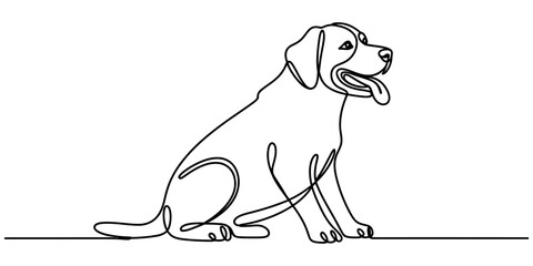 Continuous single line drawing of a happy sitting dog with tongue out as a simple minimalist animal illustration for pet design and veterinary branding Vector, illustration © Pabon Art Gallery