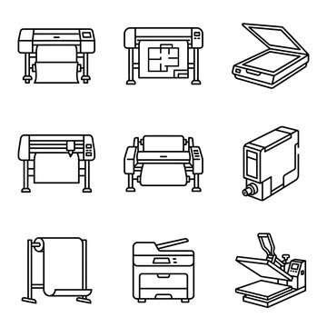 Printing Equipment Icons: Plotter, Large Format Printer, Scanner, Cutter, Heat Press