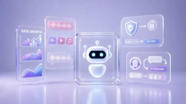 Artificial intelligence automation concept. 3D friendly AI chatbot mascot with floating glassmorphism UI dashboard displaying data growth and cyber security