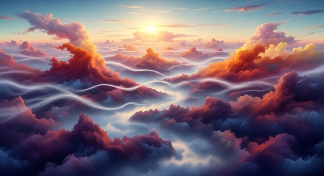 Colorful fantasy clouds at sunset with glowing light trails flowing through the sky.