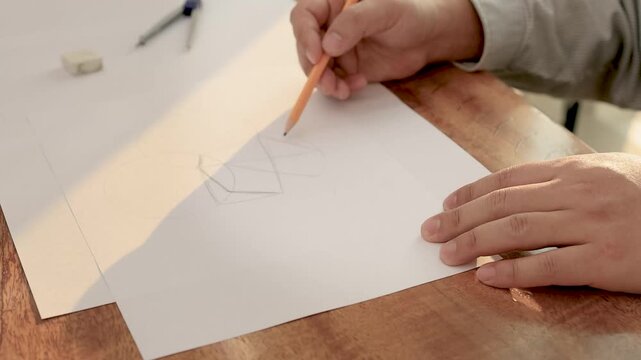 A close-up of a hand holding a yellow pencil and sketching light lines on white paper in a creative workspace.