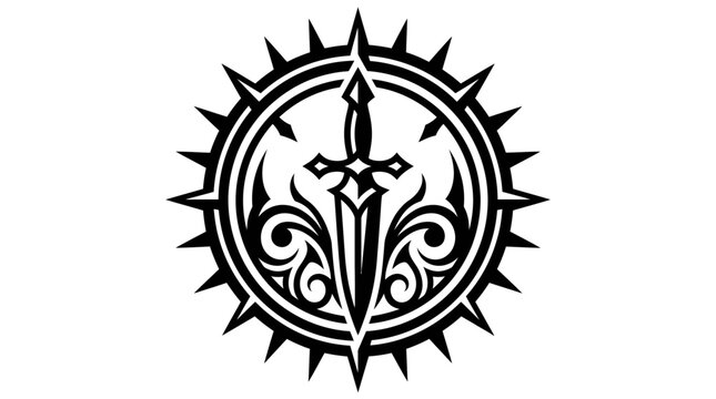 A black and white graphic illustration featuring a sharp dagger inside a spiked circular frame