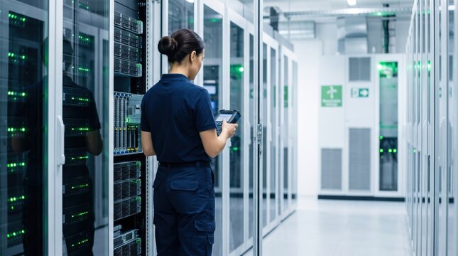Female IT technician inspecting server racks in modern data center, holding diagnostic tablet, green LED lights, network infrastructure, cybersecurity, cloud computing