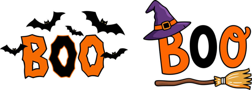 Halloween boo lettering with bats witch hat and flying broomstick vector illustration and EPS file